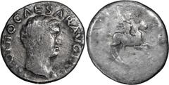 Roman Imperial Otho. Denarius; Otho; 69 AD, Rome, Denarius, 2.85g. BM-12, Paris-27, C-12 (50 Fr.), RIC-22 (R3). Obv: [I]MP OTHO CAESAR AVG TR [P] Head bare r. Rx: [P]ON[T] - [MA]X Otho brandishing spe