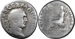 Roman Imperial Vitellius. Denarius; Vitellius; 69 AD, Rome, Denarius, 2.87g. BM-7, Paris-38, C-20 (3 Fr.), RIC-73. Obv: [A VITELL]IVS GERMAN IM[P TR P] Head laureate r. Rx: CONCOR - DIA P R Concordia 