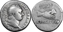 Roman Imperial Vitellius. Denarius; Vitellius; 69 AD, Lugdunum, Denarius, 3.49g. BM-114, Paris-9, C-31 (25 Fr.), RIC-53. Obv: A - VITELLIVS - IMP GERMAN Head laureate r., globe below neck. Rx: FIDES /