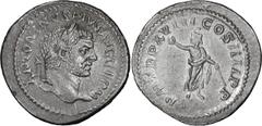Roman Imperial Caracalla. Denarius; Caracalla; 198-217 AD, Rome, 215 AD, Denarius, 3.13g. BM-133, C-296, RIC-263f. Obv: ANTONINVS PIVS AVG GERM Head laureate r. Rx: P M TR P XVIII COS IIII P P Serapis