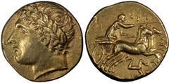 Ancient Greek Sicily, Syracuse. 60 Litrae or Gold Drachm; Sicily, Syracuse; 60 Litrae, 4.28g. SNG ANS-549. Obv: Head of Apollo l. Rx: Biga r., triskeles below.. MS