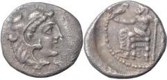 Ancient Greek Macedonia, Alexander III The Great. 1/8 Obol; Macedonia, Alexander III The Great; 336-323 BC, Obol, 0.68g. Unpublished variety of Price-3476, SI under throne instead of in l. field. Obv:
