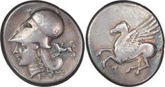 Ancient Greek Corinthia, Corinth. Stater; Corinthia, Corinth; c. 345-307 BC, Stater, 8.45g. Calciati-428. Obv: Pegasus flying l. Rx: Helmeted head of Athena l., chimera behind.Obverse flatly struck. S