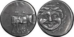 Ancient Greek Mysia, Parium. Achaean League Hemidrachm, ex BCD; Mysia, Parium; 4th cent. BC, Hemidrachm, 2.42g. SNG Paris-1364. Obv: Gorgoneion. Rx: Bull standing l., ? ? above, PI and branch between 