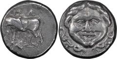 Ancient Greek Mysia, Parium. Achaean League Hemidrachm, ex BCD; Mysia, Parium; 4th cent. BC, Hemidrachm, 2.40g. SNG Aulock-7426, SNG Paris-. Obv: Gorgoneion. Rx: Bull standing l., ? ? above, PI and iv