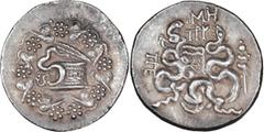 Ancient Greek Mysia, Pergamum. Cistophoric Tetradrachm; Mysia, Pergamum; c. 85-76 BC, Cistophoric Tetradrachm, 12.42g. Kleiner-41. Obv: Serpent emerging from cista mystica, all within ivy wreath. Rx: 