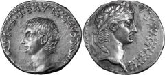 Roman Provincial Tiberius with Drusus. Drachm; Tiberius with Drusus; 14-37 AD, Caesarea, Cappadocia, c. 33-34 AD, Drachm, 3.63g. RPC-3622, RIC-87. Obv: Laureate head of Tiberius r. Rx: Bare head of Dr