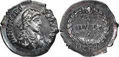 Roman Imperial Honorius. Siliqua; Honorius; 393-423 AD, Milan, 388-93 AD, Siliqua, 1.52g. RIC-26 (S), C-63 (6 Fr.). Obv: D N HONORI - VS P F AVG Pearl-diademed, draped, cuirassed bust r., seen from fr