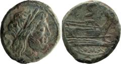 Roman Republic Anonymous. Semis; Anonymous; After 211 BC, Semis, 14.88g. Cr-56/3, Syd-143a. Obv: Head of Saturn r., S behind. Rx: Prow r., S above, ROMA below.Beautiful medium green patination. EF