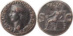 Roman Imperial Caligula. 40-as; Caligula; 37-41 AD, Rome, 39/40 AD, As, 11.10g. BM-59, Paris-105, C-28, RIC-47 (S). Obv: C CAESAR DIVI AVG PRON AVG P M TR P III P P Head bare l. Rx: VESTA S - C Vesta 