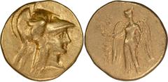 Ancient Greek Macedonia, Alexander III The Great. Stater; Macedonia, Alexander III The Great; 336-323 BC. Odessus, c. 280-200 BC, Stater, 8.50g. Cf. Price-1136. Obv: Helmeted head of Athena r. Rx: Nik