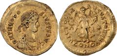 Roman Imperial Theodosius II. Tremissis; Theodosius II; 402-450 AD, Constantinople, Tremissis, 1.48g. Sear-21167. Obv: D N THEODO - SIVS P F AVG Pearl-diademed, draped, cuirassed bust r., seen from fr