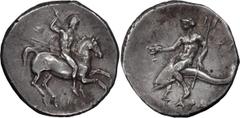 Ancient Greek Calabria, Tarentum. Didrachm; Calabria, Tarentum; 281-272 BC, Didrachm, 6.59g. Cf. Vlasto-731. Obv: Naked, helmeted horseman on horse prancing r., wielding spear and holding round shield