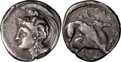 Ancient Greek Lucania, Velia. Didrachm; Lucania, Velia; c. 305-290 BC, Didrachm, 7.45g. Williams-315 (O170/R237, 5 spec.), SNG Ashmolean-1250 (same dies). Obv: Head of Athena l. wearing Phrygian-type 