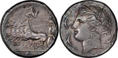 Ancient Greek Sicily, Syracuse. Tetradrachm; Sicily, Syracuse; 310-305 BC, Tetradrachm, 16.75g. BMC-346, SNG ANS-637. Obv: Head Persephone l., wearing barley wreath, triple-pendant earring and necklac