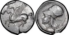 Ancient Greek Acarnania, Argos Amphilochicum. Stater; Acarnania, Argos Amphilochicum; c. 350-270 BC, Stater, 8.22g. Calciati-32. Obv: Pegasus flying l., A below. Rx: Head of Athena l. wearing Corinthi