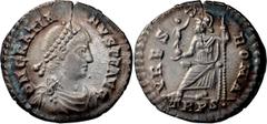 Roman Imperial Gratian. Siliqua; Gratian; 367-383 AD, Trier, 367-375 AD, Siliqua, 1.98g. RIC-27f, mintmark 1 (C); RSC-86†a; C-86 (4 Fr.). Obv: D N GRATIA - NVS P F AVG Pearl-diademed, draped, cuirasse