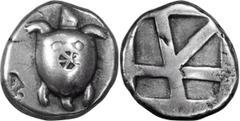 Ancient Greek Attica, Aegina. Stater; Attica, Aegina; 480-456 BC, Stater, 12.20g. Milbank-13. Obv: Sea turtle. Rx: Incuse skew pattern.Struck in high relief, perfectly centered, and with an interestin
