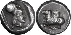 Ancient Greek Corinthia, Corinth. Stater; Corinthia, Corinth; 515-450 BC, Stater, 8.70g. Calciati-63. Obv: Pegasus with curled wing flying l., koppa below. Rx: Helmeted head of Athena r. wearing pearl