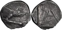 Ancient Greek Argolis, Argos. Triobol; Argolis, Argos; c. late 2nd cent.-80s BC, Triobol, 1.78g. BCD-1142.3, BM-. Obv: Forepart of wolf r. Rx: Large A in shallow incuse square, eagle on heta below.wel