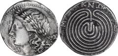 Ancient Greek Crete, Cnossus. Tetradrachm; Crete, Cnossus; c. 80 BC, Tetradrachm, 14.08g. BMC-41, SNG Lockett-2542, Svoronos-6, 18. Obv: Laureate head of Apollo l.; [?]??-??S across lower field. Rx: R