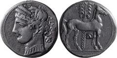 Ancient Greek Zeugitania, Carthage. AR Tridrachm; Zeugitania, Carthage; 210-205 BC, Billon Tridrachm, 10.38g. Lorber-240-41. Obv: Young Tanit head l., wearing wreath of wheat ears and triple-pendant e