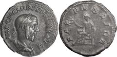 Roman Imperial Pupienus. Denarius; Pupienus; 238 AD, Rome, Denarius, 2.79g. BM-46, C-22 (10 Fr.), RIC-4. Obv: IMP C M CLOD PVPIENVS AVG Bust laureate, draped, cuirassed r. Rx: PAX - PVBLICA Pax seated