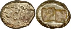 Ancient Greek Lydia, Croesus. Stater; Lydia, Croesus; 565-546 BC. Gold Stater, 8.08g. Berk-7. Obv: Forepart of roaring lion facing forepart of bull. Rx: Two rough incuse squares.This coin is from the 