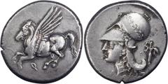 Ancient Greek Corinthia, Corinth. Stater; Corinthia, Corinth; c. 345-307 BC, Stater, 8.60g. Calciati-432. Obv: Pegasus flying l. Rx: Head of Athena l., Athena Promachos standing r. behind.Toned. Mint 