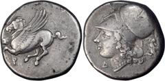Ancient Greek Corinthia, Corinth. Stater; Corinthia, Corinth; 350-338 BC, Stater, 8.48g. Calciati-455. Obv: Pegasus flying l. with straight wings, koppa below. Rx: Helmeted head of Athena l., with Δ b
