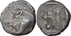 Ancient Greek Mysia, Cyzicus. Alexandria Diobol; Mysia, Cyzicus; c. 450-400 BC, Diobol, 1.28g. SNG Paris-361. Obv: Forepart of winged boar l. Rx: Head of roaring lion l. in incuse square.. aEF