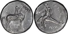 Ancient Greek Calabria, Tarentum. Didrachm; Calabria, Tarentum; c. 302-280 BC, Didrachm, 7.79g. Vlasto-675. Obv: Nude youth riding on horse walking r., raising his r. hand to crown the horse\'s head; 