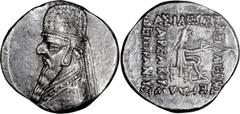 Ancient Greek Parthia, Mithradates II. Drachm; Parthia, Mithradates II; 123-88 BC, Drachm, 4.04g. Sunrise-299, Sellwood-28.3. Obv: Bust of king l. with long beard, wearing tiara with star in center. R