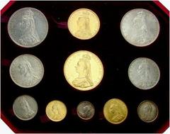 Ausländische Münzen und Medaillen Großbritannien Victoria 1837-1901. No: 3069 Schätzpreis/Estimate EUR 2000 d=132 mm Münzset "Jubilee Coinage" (1 1 Stücke ) 1887 bestehend aus: 5 und 2 Pounds, 1 und 1