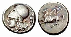 Griechische Münzen Korinthia No: 15 Schätzpreis/Estimate EUR 200.- d=24 mm Korinthos. Stater 345-307 v. Chr. Pegasus nach links fliegend / Athenakopf nach links mit korinthischem Helm, dahinter Trophä