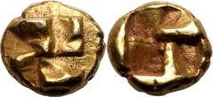 ANCIENT GREECE. IONIA, UNCERTAIN MINT. Electrum myshemihekte - 1/24 stater, circa 600-500 BC. Phokaic standard. Obv: raised clockwise swastika pattern. Rev: quadripartite square punch. Extremely Fine.