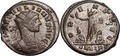 ROMAN EMPIRE. Aurelian. Billon antoninianus, AD 274. Rome. Obv: IMP AVRELIANVS AVG, radiate and cuirassed bust right. Rev: ORIENS AVG, Sol, radiate, standing between two captives, raising right hand a