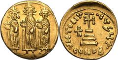BYZANTINE EMPIRE. Heraclius. Gold solidus, AD 639-641. Constantinople. Obv: Heraclius flanked by Heraclius Constantine and Heraclonas, all standing facing and holding globus crucigers. Rev: VICTORIA A