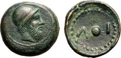 B. Magna Graecia Extremely Fine; well-detailed, boasting a fine green patina | MAGNA GRAECIA. ISLANDS OFF SICILY, LIPARA. Bronze onkia, circa 425 BC. Obv: head of Aiolos right, wearing pileos. Rev: pe