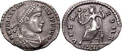 F. Roman Empire About Extremely Fine; attractive old cabinet tone | ROMAN EMPIRE. Valentinian I. Silver siliqua, AD 364-367. Lugdunum. Obv: D N VALENTINIANVS P F AVG, pearl-diademed, draped, and cuira