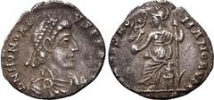 F. Roman Empire About Very Fine | ROMAN EMPIRE. Honorius. Silver siliqua, AD 395-402. Mediolanum. Obv: D N HONORIVS P F AVG, pearl-diademed, draped and cuirassed bust right. Rev: VIRTVS ROMANORVM, Rom