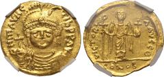 H. Byzantine Empire MS Strike: 4/5 Surface: 4/5, lt. marks | BYZANTINE EMPIRE. Maurice Tiberius. Gold solidus, AD 583-602. Constantinople. Obv: ∂ N MAVRC ƮIЬ P P AVI, helmeted, draped and cuirassed bu