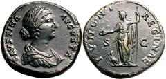 Roman Empire Very Fine | ROMAN EMPIRE. Faustina II (wife of Marcus Aurelius). Bronze sestertius, AD 161-176. Rome. Obv: FAVSTINA AVGVSTA, draped bust right. Rev: IVNONI REGINAE, Juno standing left, ho