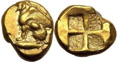 Very Fine | ANCIENT GREECE. MYSIA, KYZIKOS. Electrum hekte, circa 500-450 BC. Obv: griffin seated left on tunny left. Rev: quadripartite incuse square.Very Fine. Reference: Von Fritze I-48; SNG BnF-; 