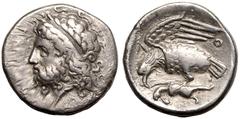 MAGNA GRAECIA. BRUTTIUM, LOKROI EPIZEPHYRIOI. Silver stater, circa 4th-early 3rd Century BC. Obv: ΛOKPΩN, laureate head of Zeus left. Rev: Eagle flying left, feeding on hare upside down in its talons;