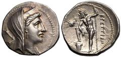 MAGNA GRAECIA. BRUTTIUM, THE BRETTII. Silver drachm, circa 216-214 BC. Second Punic War issue. Obv: veiled head of Hera Lakinia right, wearing polos; sceptre over shoulder, boukranion behind. Rev: Zeu