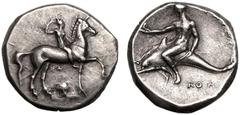 MAGNA GRAECIA. CALABRIA, TARENTUM. Silver nomos, circa 332-302 BC. Sa-, and Kon-, magistrates. Obv: nude youth on horseback riding right, crowning himself; ΣA above Ionic capital below. Rev: Taras ast