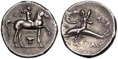 MAGNA GRAECIA. CALABRIA, TARENTUM. Silver nomos, circa 280-272 BC. Reduced standard. Obv: rider on horseback right, crowning self with wreath and holding reins; IΩ to upper left; IAΛO and Ionic capita