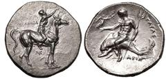 MAGNA GRAECIA. CALABRIA, TARENTUM. Silver nomos, circa 280-272 BC. Reduced standard. Philokra- & Aristo-, magistrates. Obv: youth crowning horse upon which he sits right; ΦIΛOKPA in upper left field, 