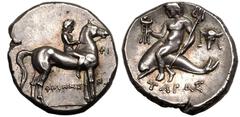 MAGNA GRAECIA. CALABRIA, TARENTUM. Silver nomos, circa 272-240 BC. Philemenos, magistrate. Obv: youth on horse right; ΦI before, ΦIΛHMENOΣ below. Rev: Taras astride dolphin left, holding tripod and tr